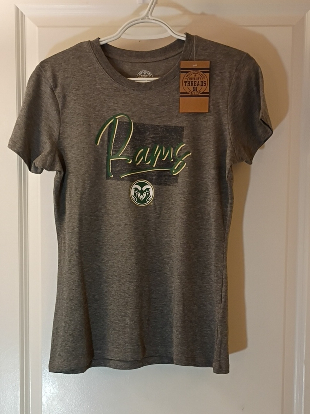 Rivalry Threads Gray Tee with Green Rams Script